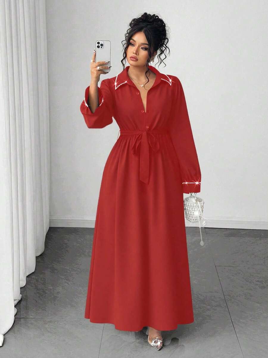 Elenzga 大码优雅通勤连衣裙，配珍珠和水钻装饰 - 紅色 - 查看 1
