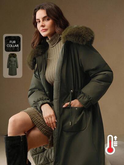 Anewsta معطف أسود مبطن مزود بسحاب وياقة فرو اصطناعي كبيرة القياس قابلة للإزالة، خصر مربوط، متوسط الطول، كاجوال، شتوي