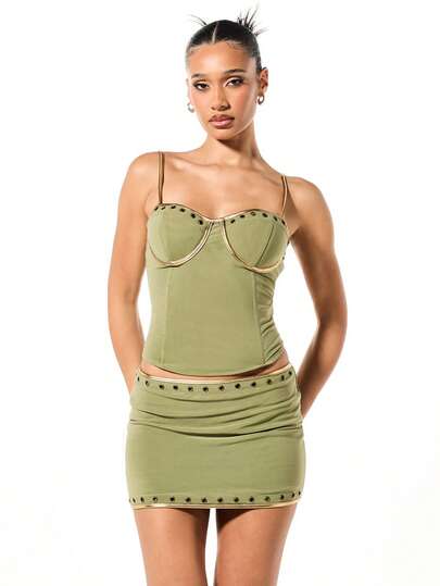 SUMWON WOMEN Olive Mesh Contrast Corset Top And Mini Skirt Co Ord Set With Gold Hardware Eyelets Festival Club Outfit