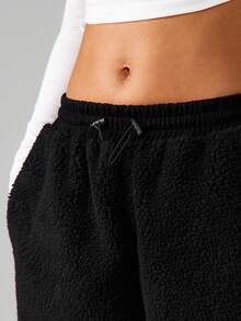 MISSGUIDED Borg Suede Wide Leg Joggers Casual Comfort Fleece Sweatpants Elastic Waist Winter Loungewear - Black - View 4