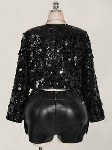 SHEIN ICON Plus Size Shiny Silver Sequin Round Neck Versatile Short Jacket, Party Wear In Fall/Winter - Black - View 2
