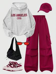 两件套休闲针织纯色印花字母连帽衫和工装裤套装，适合青少年女孩 - 灰色 - 查看 1