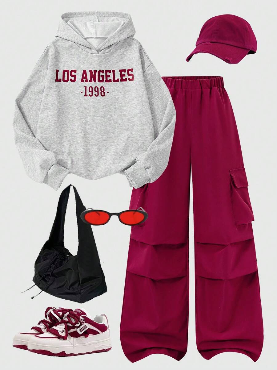 两件套休闲针织纯色印花字母连帽衫和工装裤套装，适合青少年女孩 - 灰色 - 查看 1