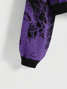 ROMWE Goth 哥特式深色高领保暖乌鸦墓地月亮蝙蝠树枝提花黑色灯笼袖女式毛衣 - 黑色 - 查看 4