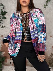 Whyspr Sweatshirt Patchwork Motif Kotak-kotak & Bunga Retro Ukuran Plus Bergaya Grunge Cottage Punk Modis - Merah - View 7