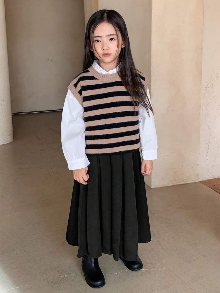 Young Girls Solid Pleated Long Skirt