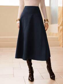 Modelyn Rok Panjang Elegan Model Mengembang Bahan Suede Imitasi Warna Polos untuk Wanita - Biru - View 8