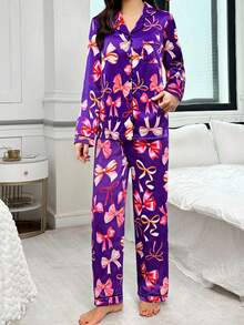 Bowknot Faux Silk Lapel Cardigan Long Sleeve Top & Pants Pajama Set, Fall & Winter Clothes - Multicolor - View 4