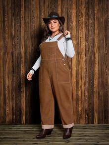 EMERY ROSE 大码休闲复古牛仔背带裤 - 棕色 - 查看 3