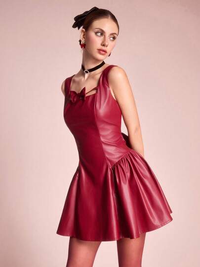 ROMWE Avant Vestido mini vintage elegante de mujer con decoración de lazo 3D de tela de PU