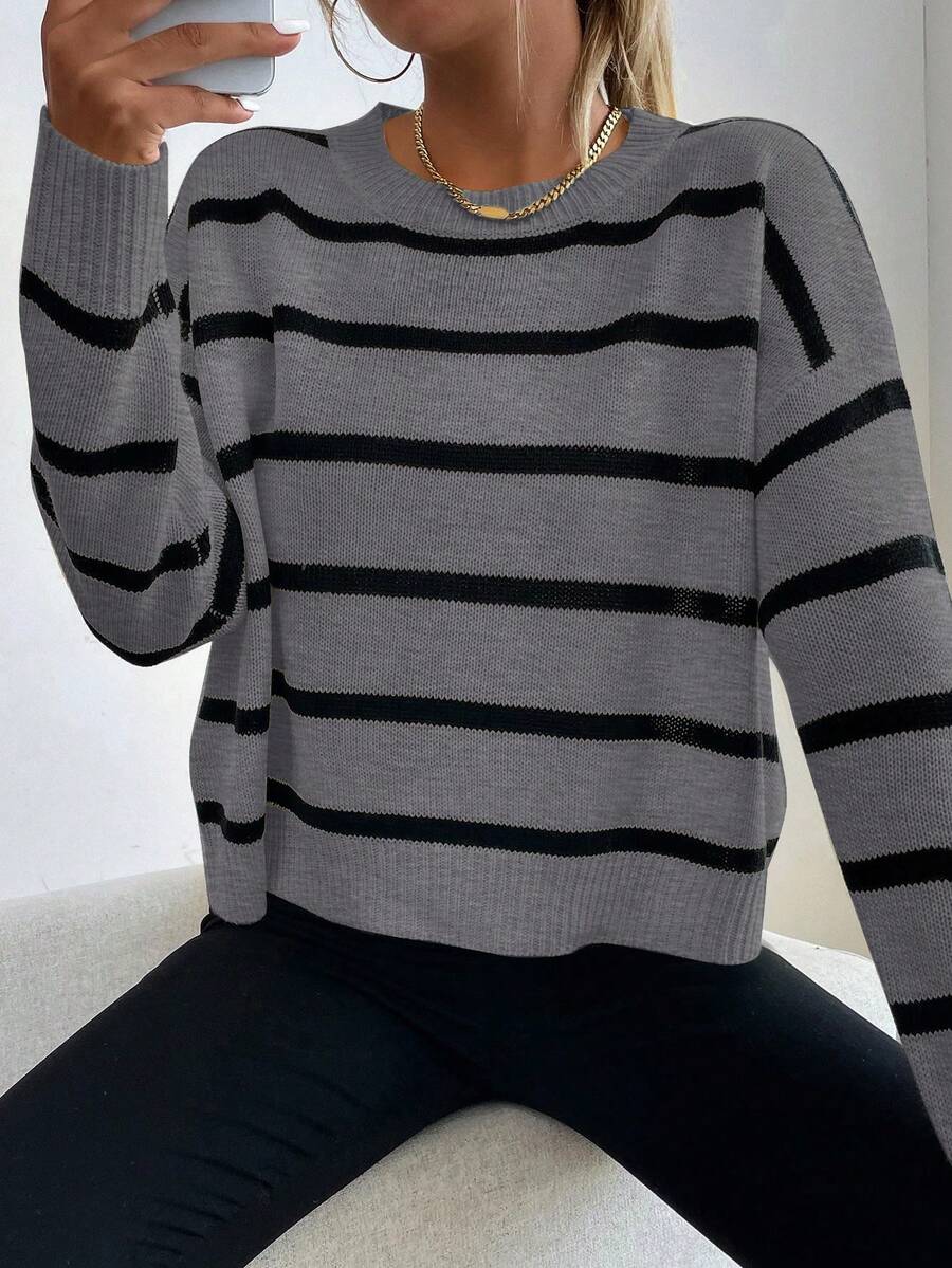 SHEIN LUNE Casual Round Neck Black & White Striped Pullover Sweater, College Style - Grey - View 1