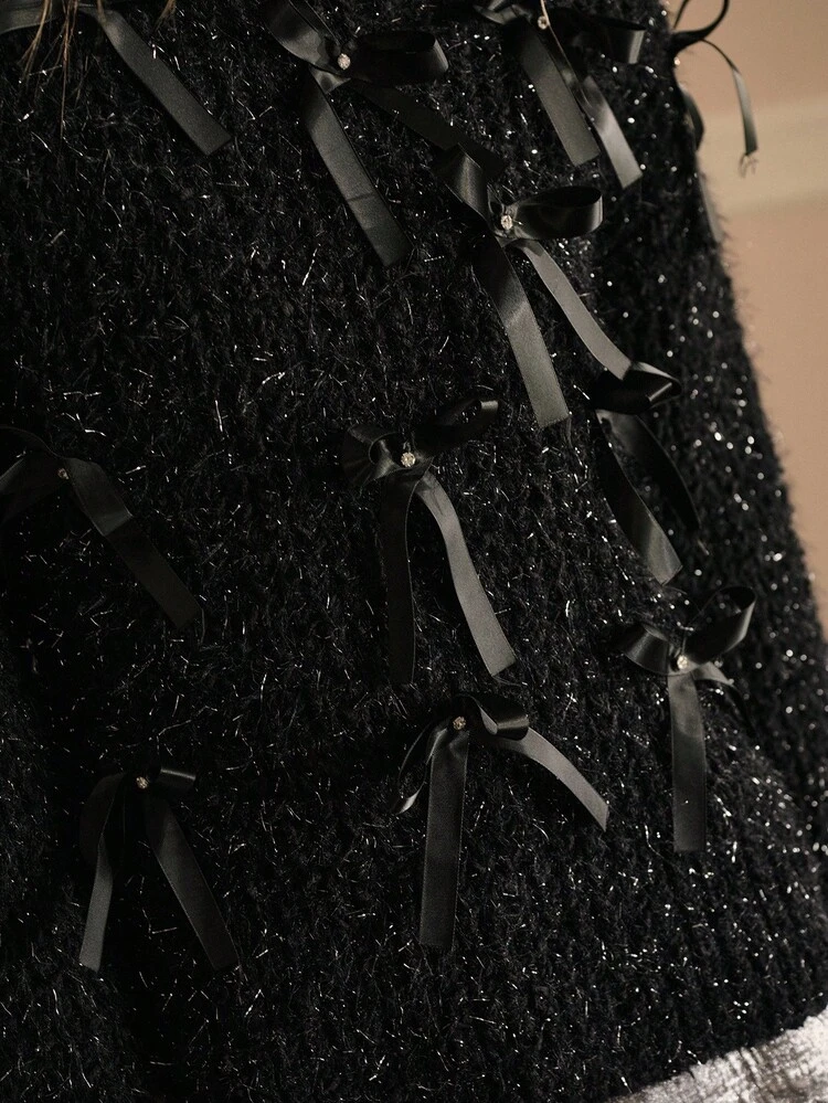 BOW DETAIL FUZZY PULLOVERS SWEATER FOR AUTUMN & WINTER