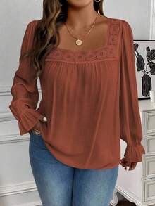 EMERY ROSE Plus Size Solid Color Square Collar Casual Long Sleeve Shirt - Redwood - View 7