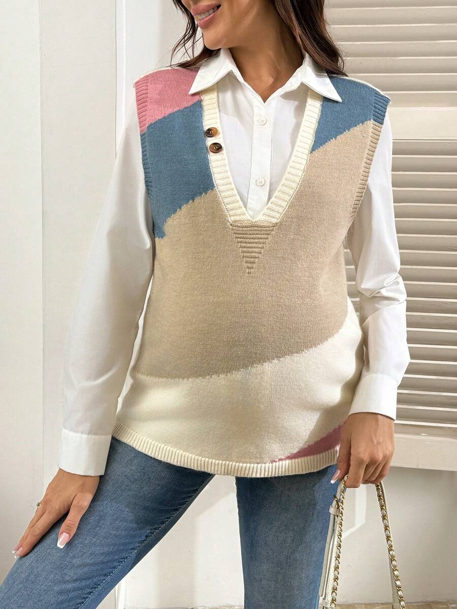 SHEIN Women Loose Fit Colorblock Deep V-Neck Faux Button Casual Maternity Sweater Vest - Multicolor - View 1