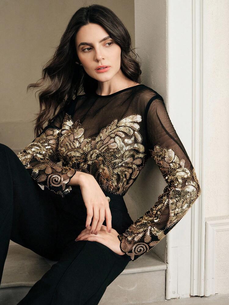 Women's Exclusive Hollow Out Shiny Blouse, Suitable For Fall, Winter, New Year, Party, Wedding, Elegant, Chic, Stylish, Christmas, Festival