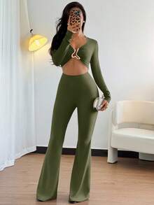 Islaluna European & American Style Casual Metal Decor Waist Cinched Long Sleeve Sexy Black High Stretch Jumpsuit For Women