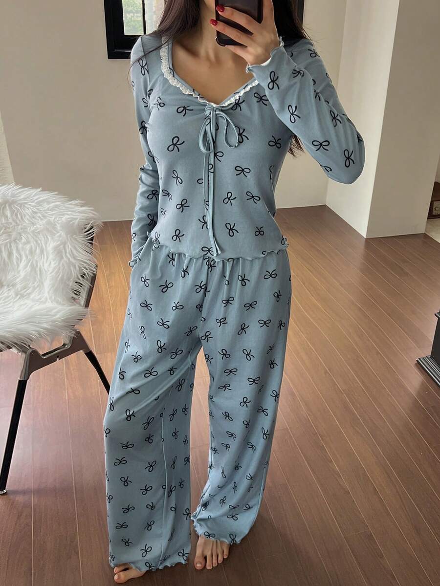 DAZY Lace Patchwork Bow Print Ruched Wavy Hem Top & Pants Pajama Set, Sweet, Fall & Winter Clothes - Blue - View 1