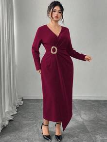 Modelyn Plus Size Women Metal Buckle Ruched Waist Crossover Neck Long Sleeve Elegant Bodycon Dress, Suitable For Commute And Party - Rose Red - View 4