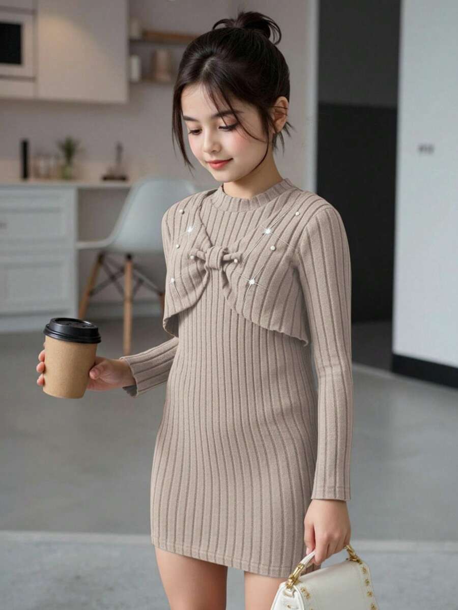 Bộ 2 món cho bé gái tuổi teen, áo dài tay đính ngọc trai và váy ngắn chữ A, trang phục thanh lịch cho mùa xuân, thu và đông. - Màu Xám nhạt - Xem 1