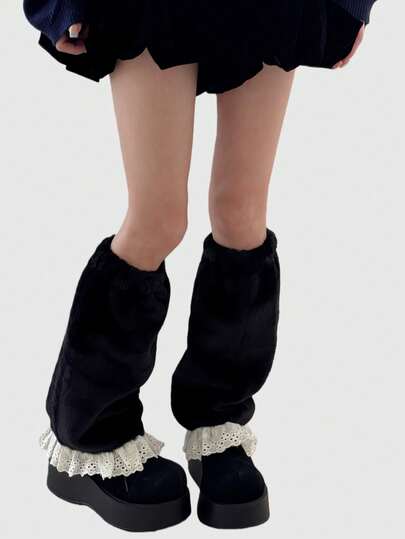 Kawaii 1 par de calentadores de piernas con lazo de encaje en contraste negro, diseño minimalista retro chic de estilo Y2K para mujeres, adecuado para uso diario, escuela, citas, compras, viajes, etc.