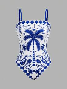 Swim Oasis 女士蓝白热带棕榈树印花连体泳衣，优雅休闲沙滩度假罩衫