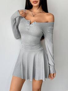 Zielony 女士休闲纯色罗纹腰短裙 - 灰色 - 查看 6