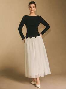 Poéselle Women's Mesh Patchwork Contrast Color Backless Elegant Long Sleeve Dress French Style Dress Women Clothing Elegant Dress Modest White Bow Back Dress Party Dress,Dresses For Women Elegant