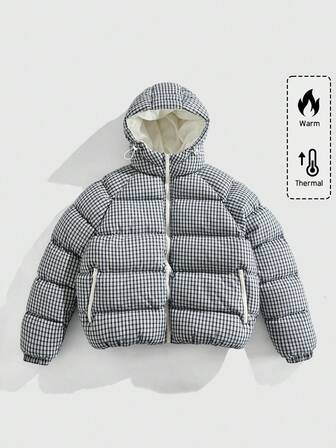 Street Life Chaqueta de invierno con capucha, manga raglán y cremallera, de corte holgado y a cuadros para hombre