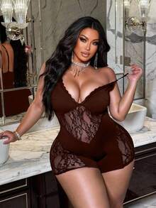NU&NOW Plus-Size Women's Summer Brown Solid Color Fabric Patchwork Sexy Lace V-Neck Suspender Jumpsuit Shorts, Suitable For Everyday Wear, Parties, New Year's Wear, Christmas Wear, Holiday Wear, Valentine's Day Wear, Floral Pattern. - Brown - View 1