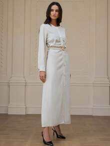 Chiquease Elegante vestido midi con volantes que ciñe la cintura y mangas largas, estilo de viaje, estética europea y estadounidense Ins - Beis - Ver 3