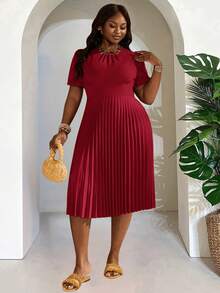 Slaydiva 大码女式纯色短泡泡袖褶裥下摆连衣裙 大码教堂礼服 红色大码连衣裙 褶裥连衣裙 大码休闲连衣裙 大码度假连衣裙 - 紅色 - 查看 10