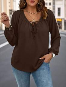 EMERY ROSE Coffee Color V-Neck Tie Blouse, Plus Size Women Printed Shirt - Multicolor - View 1