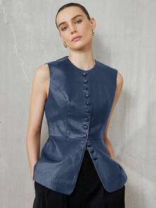 Aveloria Modichic Chaqueta sin mangas de unicolor de PU con cuello redondo y cintura ajustada, estilo de viaje - Azul - Ver 4