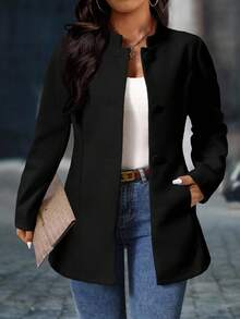 SHEIN PETITE CURVE Damen Große Größen eleganter Mantel mit Stehkragen und Taschen - Schwarz - Übersicht 3