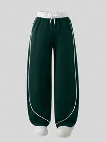 Sparklyn 青少年女孩休闲百搭街头运动百搭黑白撞色饰边宽松阔腿裤，度假，夏季，旅行 - 綠色 - 查看 4