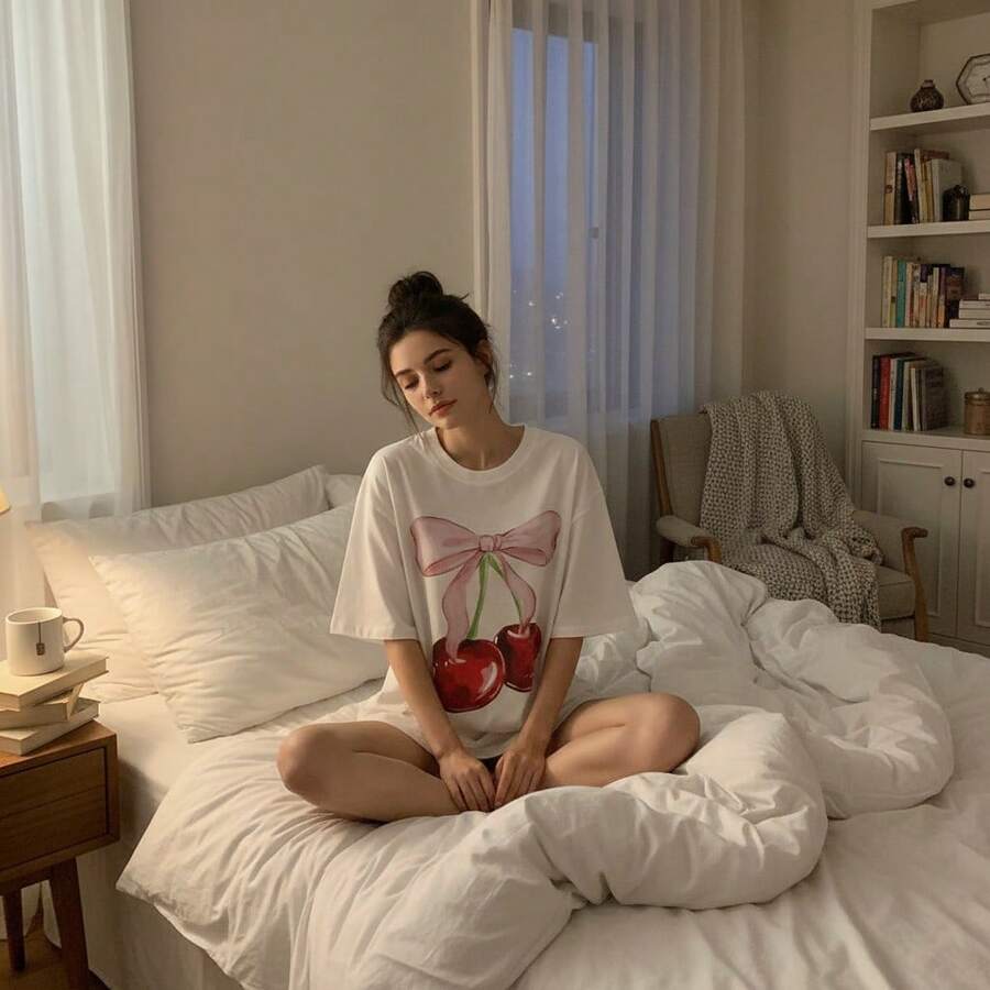 Playera Pijama para Mujer, Ropa de Dormir de Algodón Suave con Diseño Bonito. - Blanco - Ver 1