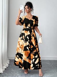 Elenzga Plus Size Elegant Princess Sleeve V-Neck Pleated Dress Cheetah Print Plus Size - Black - View 7