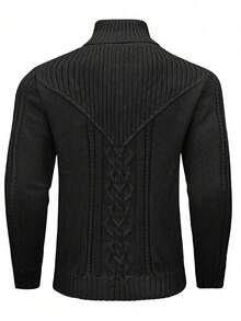 Manfinity Homme Áo len cổ cao nam màu trơn, kiểu dáng thường ngày, đa năng cho mùa thu/đông, áo len cổ cao nam tay dài. - màu đen - Xem 2