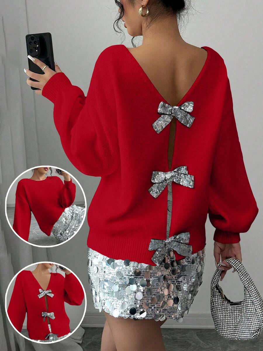Elenzga Women's Casual Sequin Bow Decor Loose Fit Long Sleeve Sweater - Red - View 1