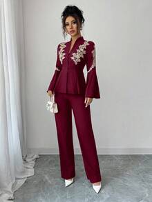 Elenzga Casual Elegant Everyday Versatile Stand Collar Ruched Decor 3/4 Sleeve Blouse & Relaxed Fit Cropped Pants 2 Pieces Set, Spring/Summer - Burgundy - View 1