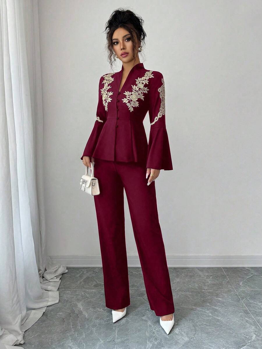 Elenzga Casual Elegant Everyday Versatile Stand Collar Ruched Decor 3/4 Sleeve Blouse & Relaxed Fit Cropped Pants 2 Pieces Set, Spring/Summer - Burgundy - View 1