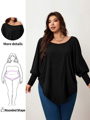Enliva Femmes grande taille Top décontracté à manches chauve-souris asymétrique, couleur unie, épaule oblique, ample et décontracté. T-shirt d'automne pour femmes, hiver, pour la forme de corps arrondie en pomme