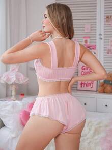 PetitDoll Bộ đồ lót ren hồng thêu hoa nữ tính 2 món/bộ - Hồng - Xem 2