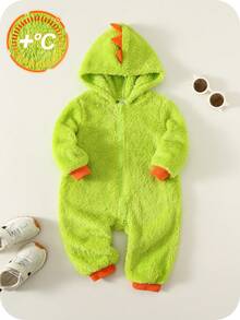 SHEIN Baby Boys Contrast Neon Green Thermal Lined Cute Dinosaur Hooded Romper, Comfortable Casual Fashionable Everyday Outfit, Suitable For Indoor, Outdoor, Skiing, Daily Wear, Sports, Party, Photo Shoot, Festival, Streetwear, Christmas, New Year
