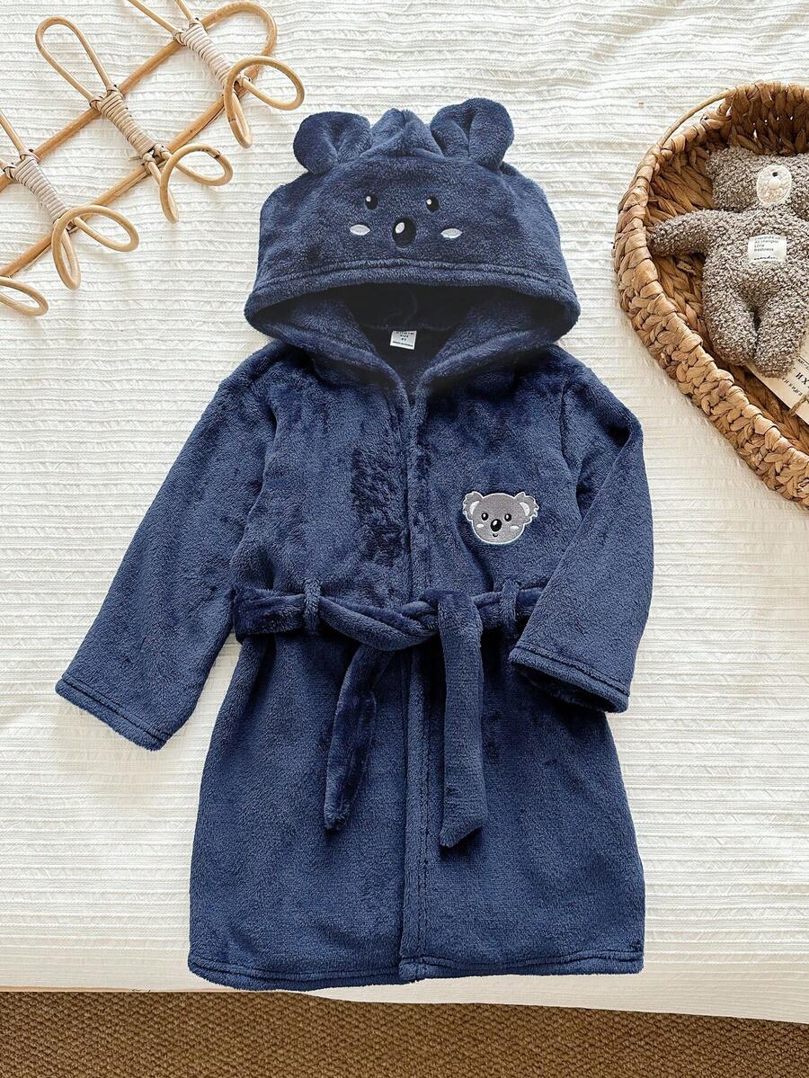 LMoss Kids LMoss 男童纯色刺绣连帽休闲开衫家居服,考拉图案,儿童浴袍,幼儿浴袍,连帽长袖浴袍,舒适秋冬款式 - 寶藍色 - 查看 1