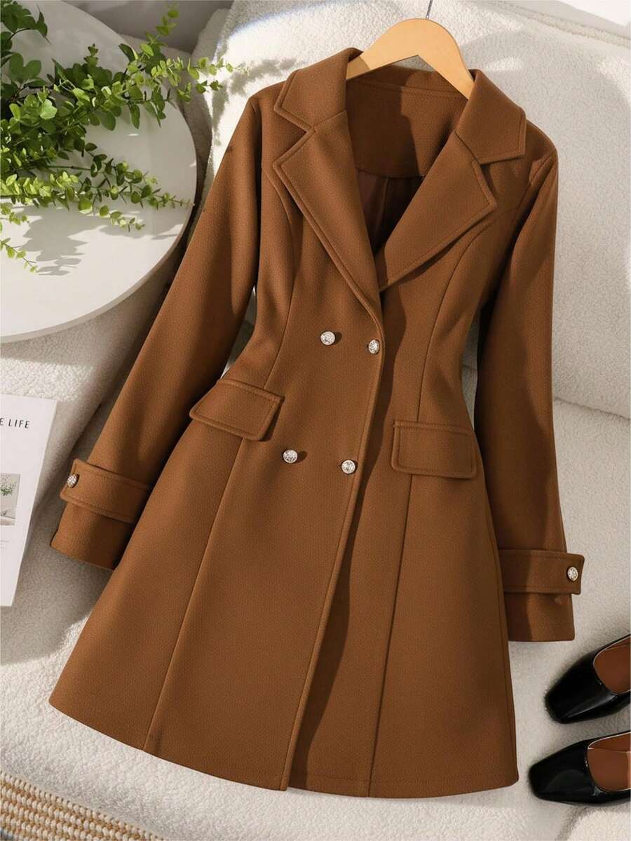 SHEIN 女士及少女驼色束腰优雅双排扣外套，通勤百搭 - 棕色 - 查看 1