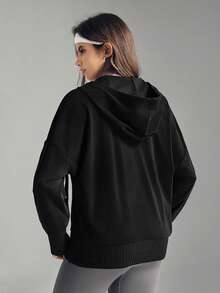 SHEIN Sports 女士纯色落肩长袖休闲宽松卫衣 - 黑色 - 查看 2