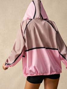 VARSIVA Contrast Color Drawstring Zipper Front Hooded Loose Casual Women Outdoor Jackets - Multicolor - View 5