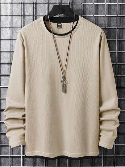 Manfinity Homme Men's Casual Contrast Color Round Neck Long Sleeve T-Shirt, Autumn Men Tops Long Sleeve Mens Casual Tops Mens Long Sleeve T-Shirt