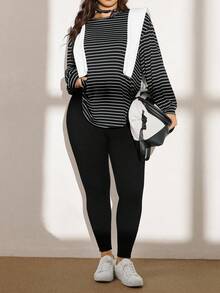 SHEIN LUNE Plus Size Fall Women Black & White Striped 2-Piece Set: Striped T-Shirt & Leggings, Casual Sports Workout Set Women Clothing Sets Airport Women Outfits Outfit Sets Two Pieces Piece Set Travel Outfit Airport